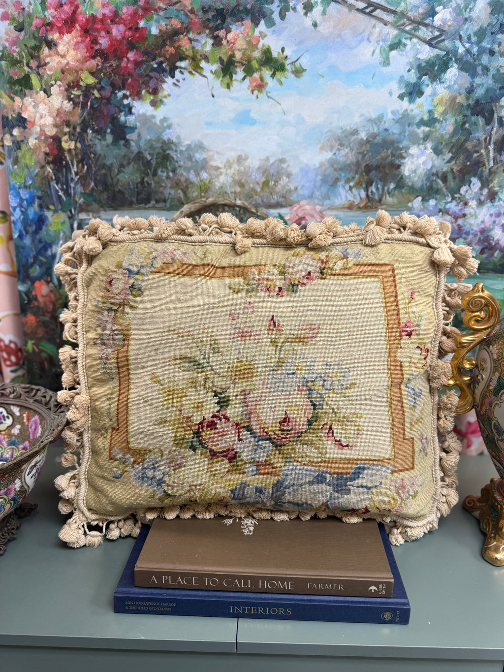 Floral Bow Needlepoint Pillow