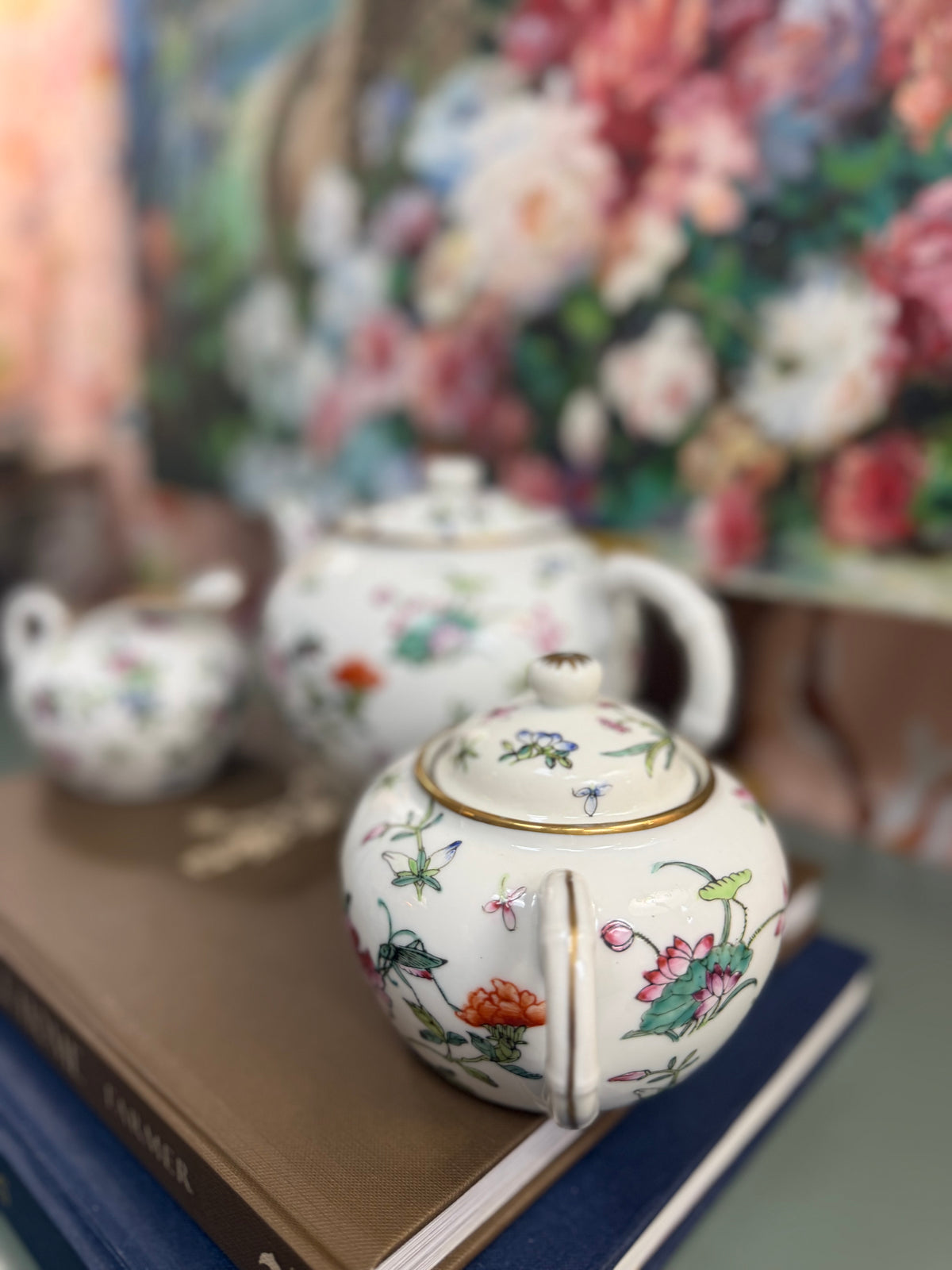 White Floral and Butterfly Teapot, Creamer and Sugar Set
