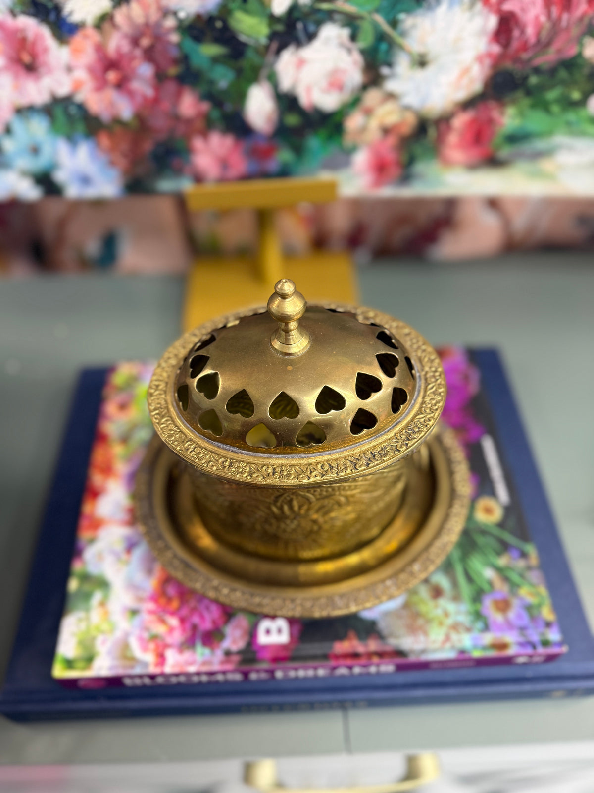 Brass Heart Reticulated Basket with Base