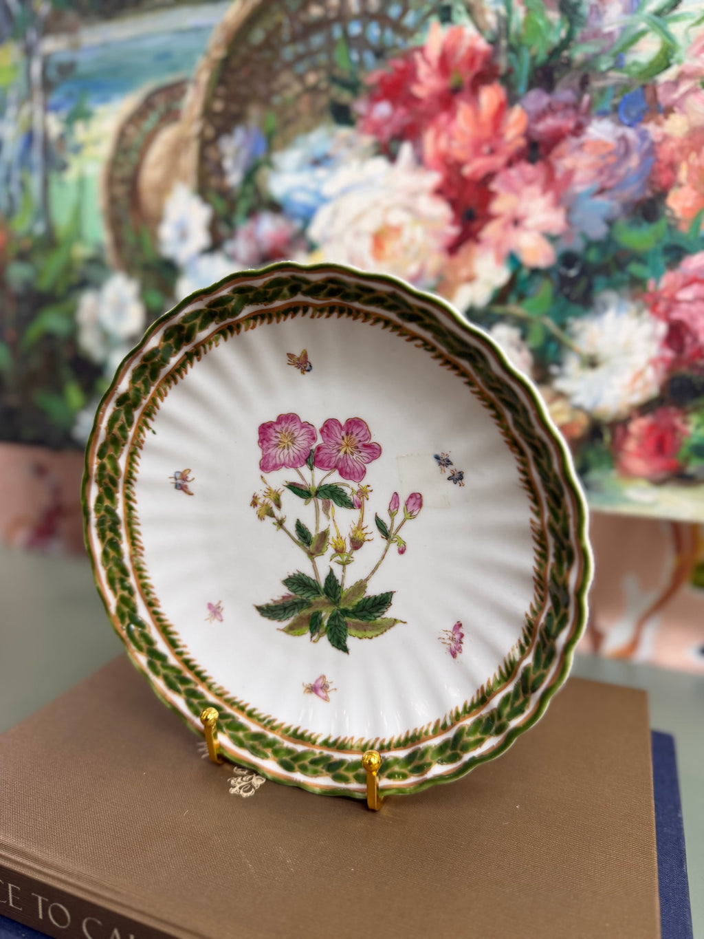 Vintage Ruffled Hand Painted Pink Botanical Plate