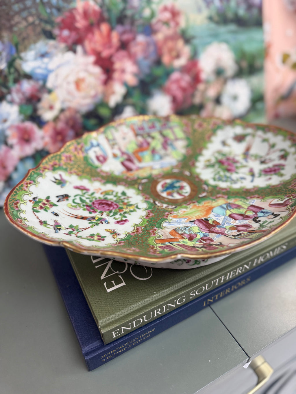 Antique Rose Medallion Celadon Large Pedestal Dish