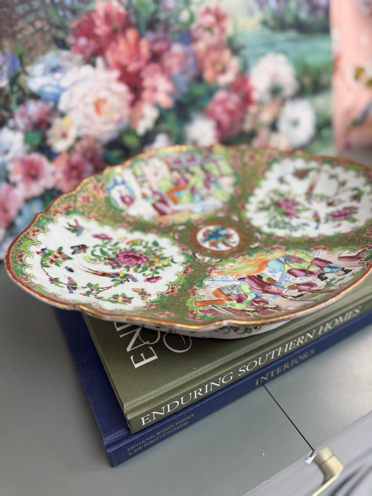 Antique Rose Medallion Celadon Large Pedestal Dish