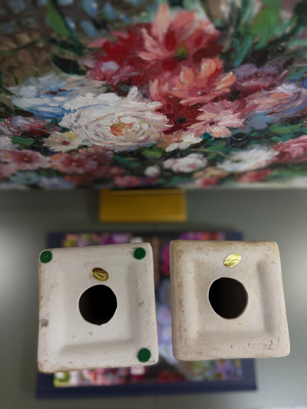 Vintage Pair of Square Rose Famille Candlesticks