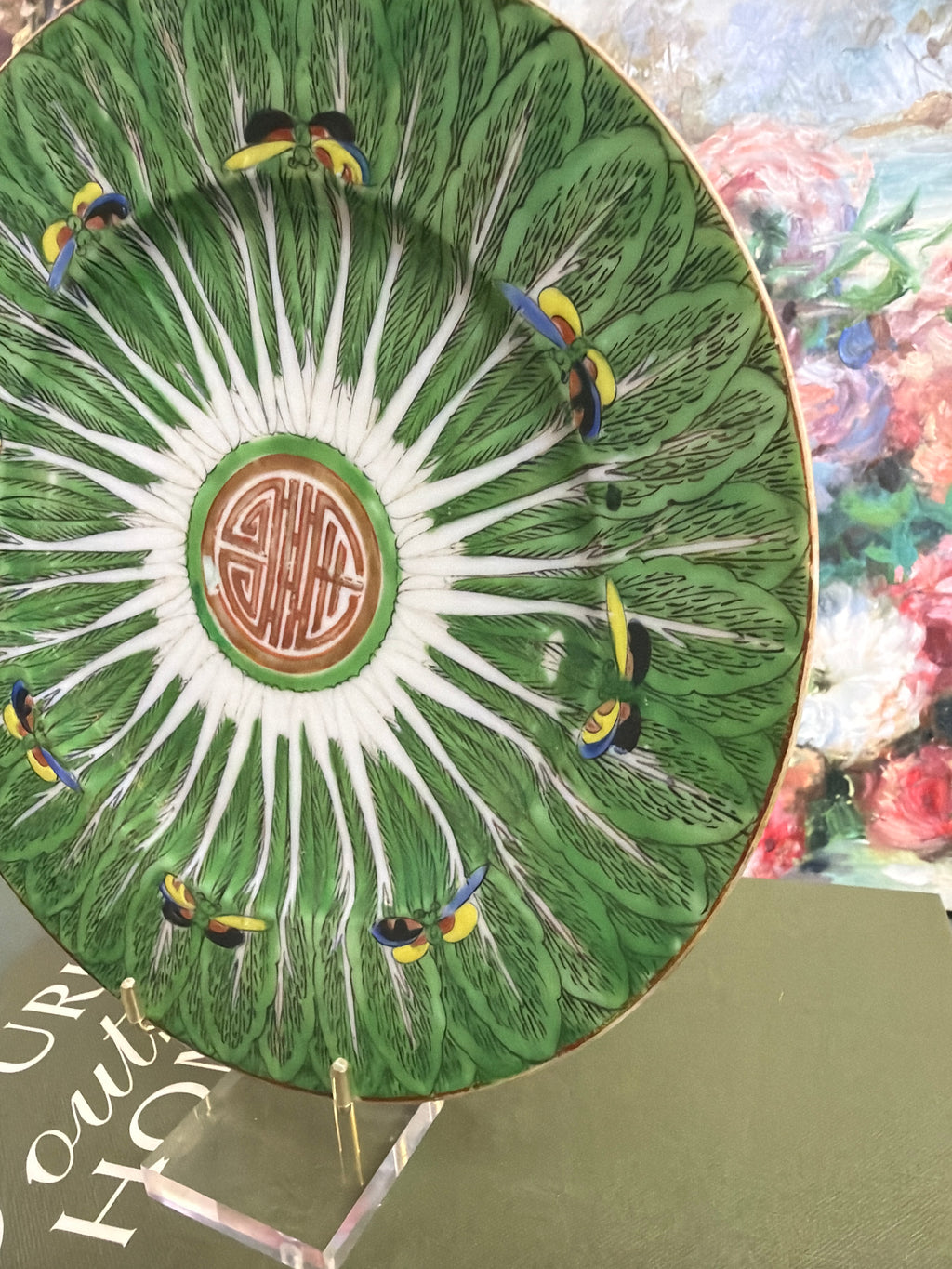 8.5” Bok Choy Dinner Plate w/ Blue Yellow and Black Butterflies *CHIP*
