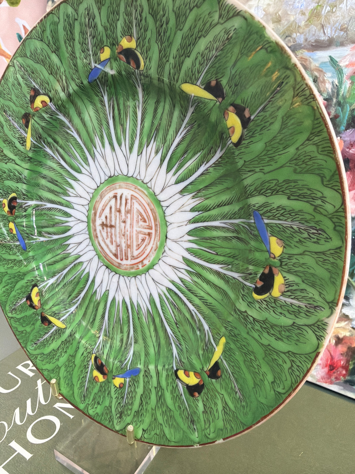8.5” Bok Choy Dinner Plate w/ Blue Yellow and Black Butterflies *PAINT LOSS*