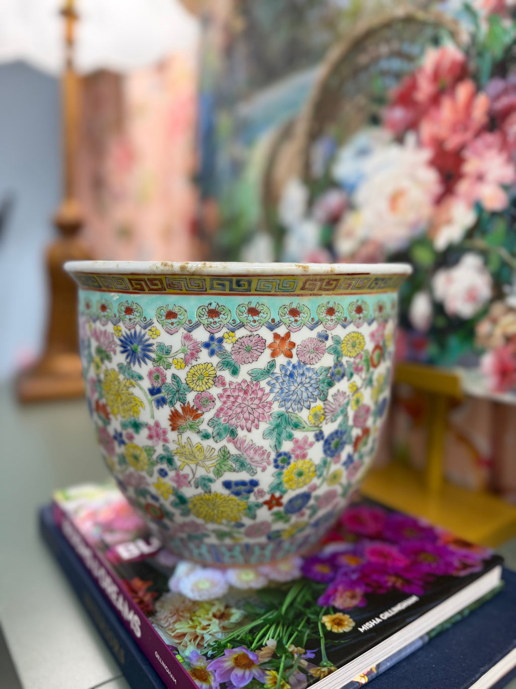 Vintage Medium White Floral Planter