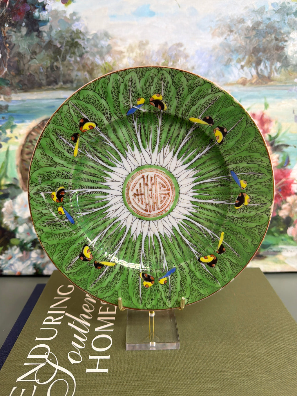 8.5” Bok Choy Dinner Plate w/ Blue Yellow and Black Butterflies *PAINT LOSS*