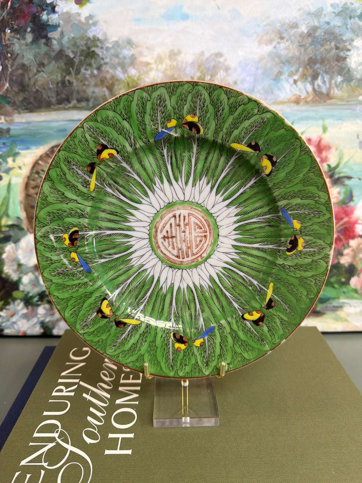 8.5” Bok Choy Dinner Plate w/ Blue Yellow and Black Butterflies *PAINT LOSS*