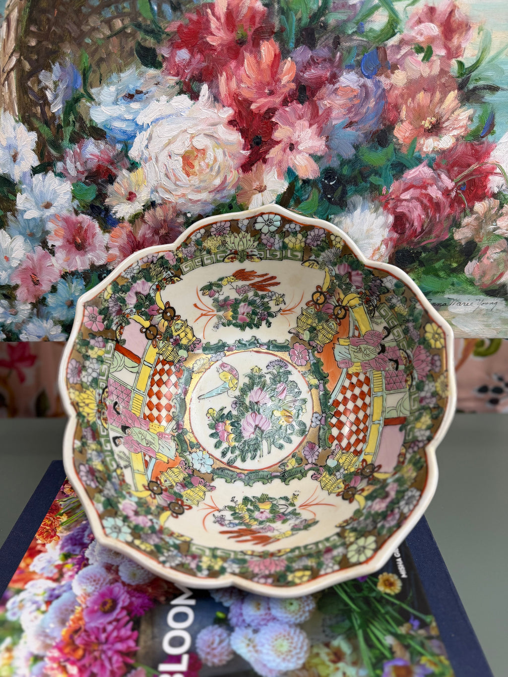 Vintage 10” Lotus Rose Medallion Bowl