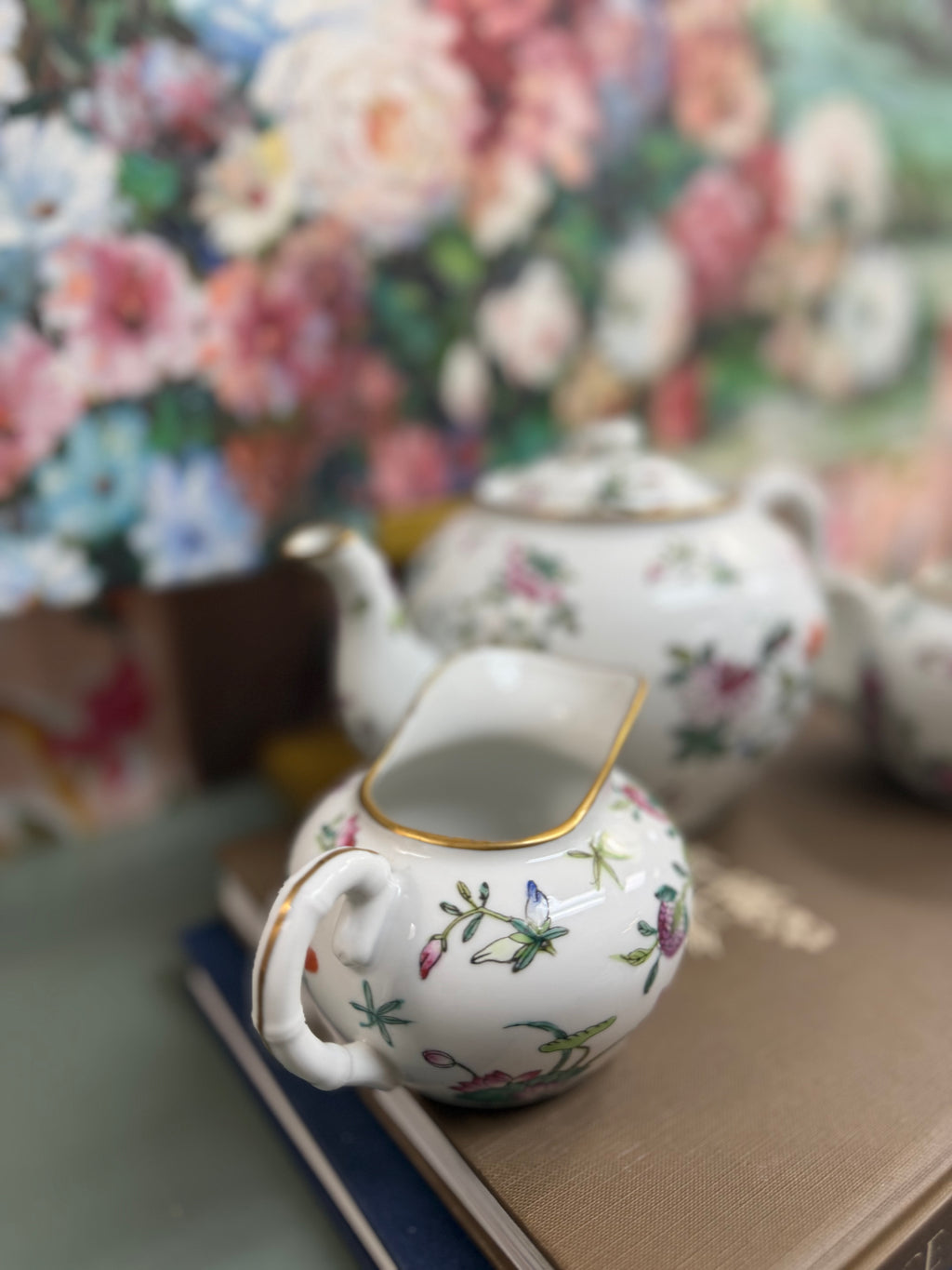 White Floral and Butterfly Teapot, Creamer and Sugar Set