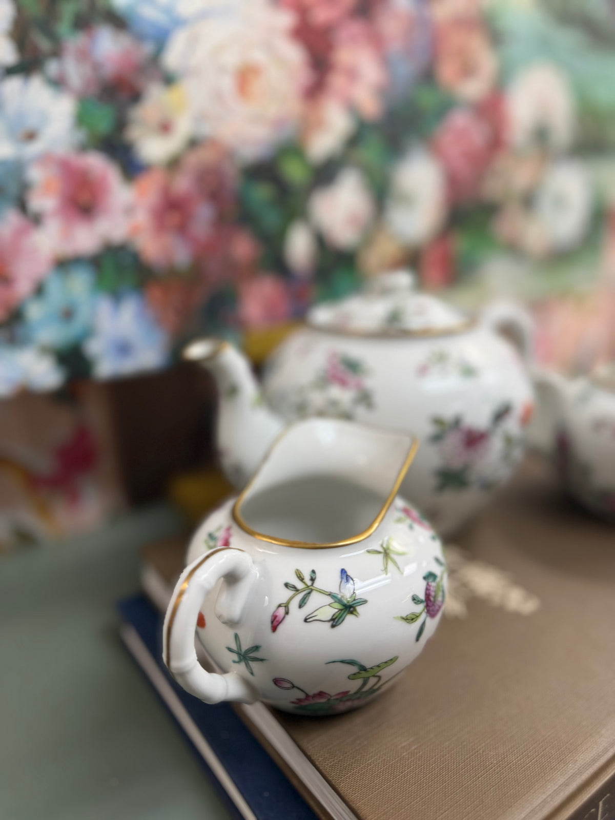 White Floral and Butterfly Teapot, Creamer and Sugar Set