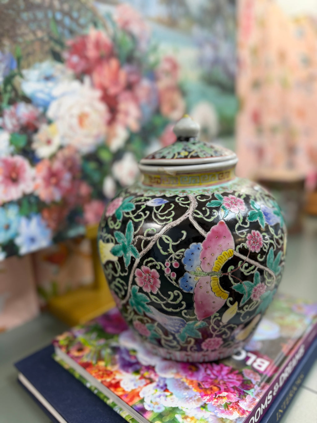 Vintage Black Butterfly Floral Temple Jar