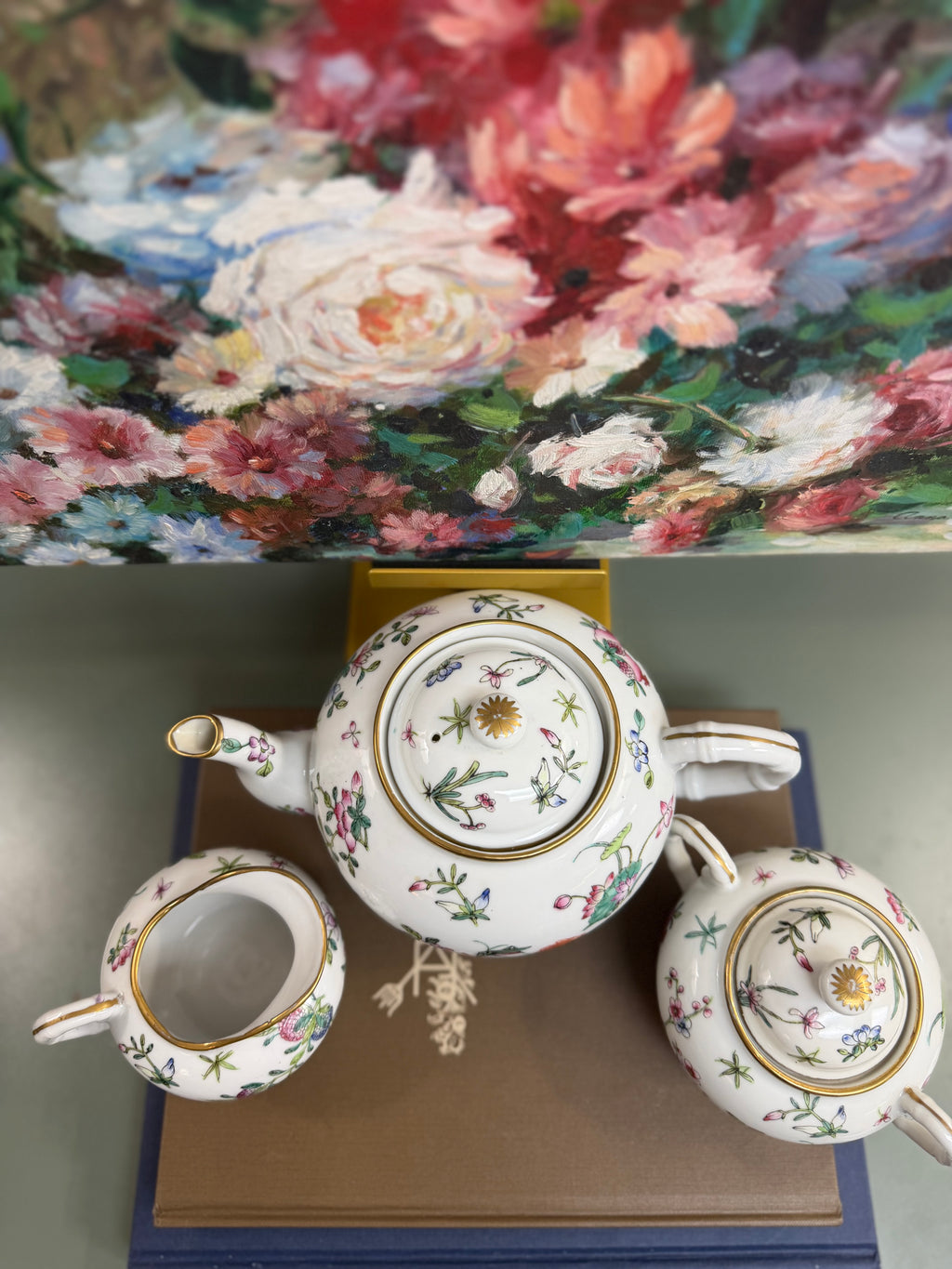 White Floral and Butterfly Teapot, Creamer and Sugar Set