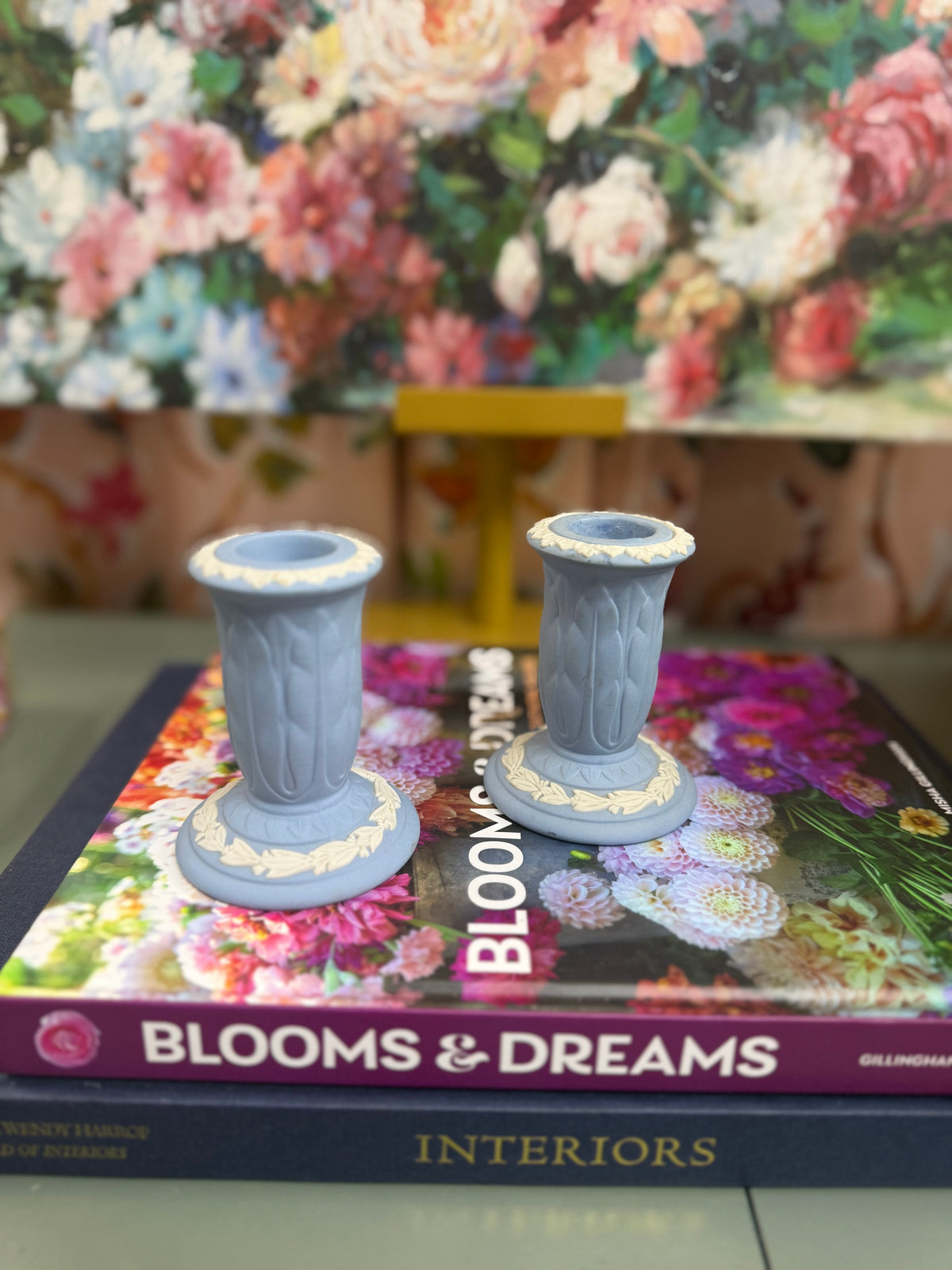 Blue Wedgwood Feather Style Candlestick Holders