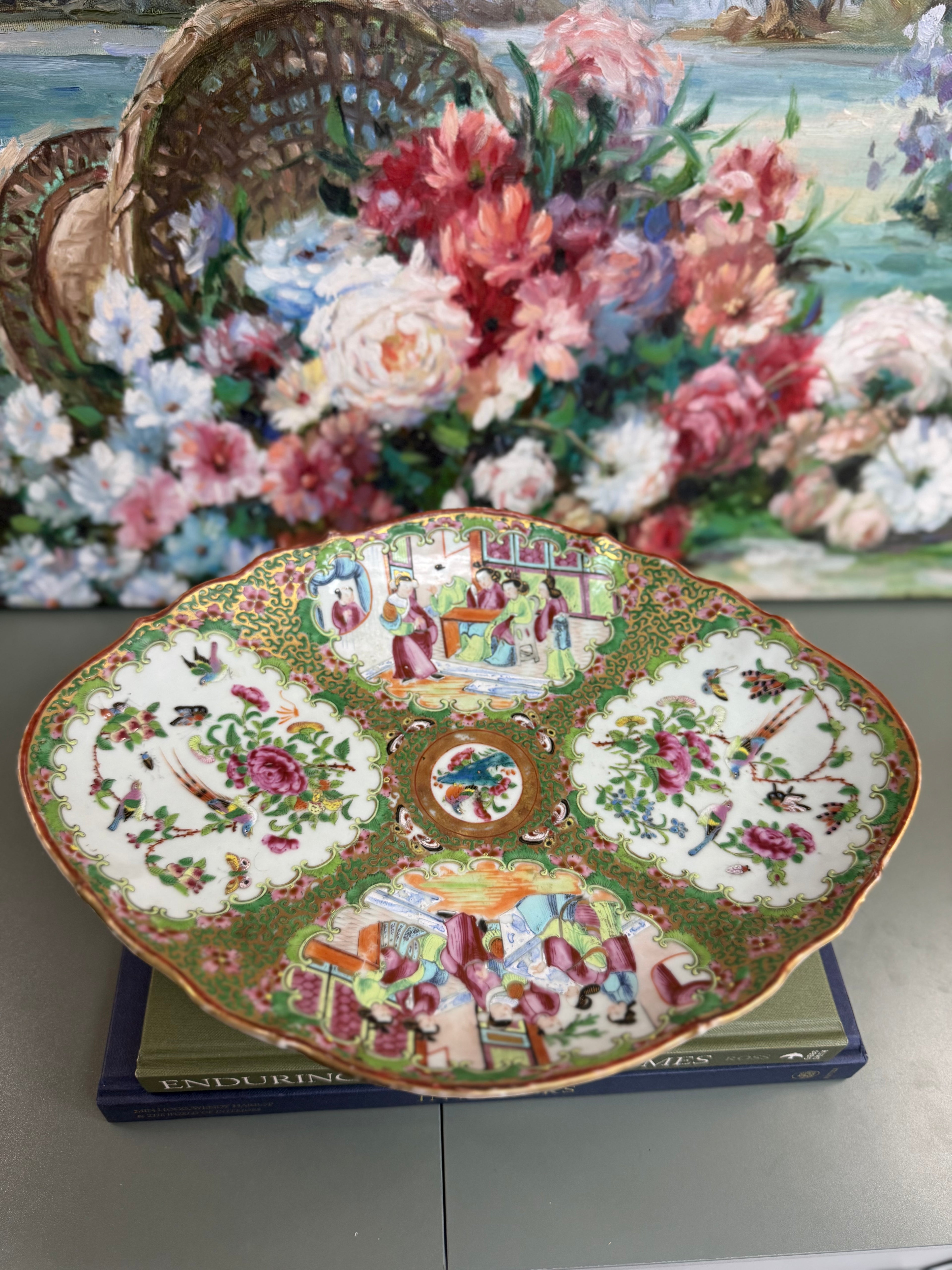 Antique Rose Medallion Celadon Large Pedestal Dish