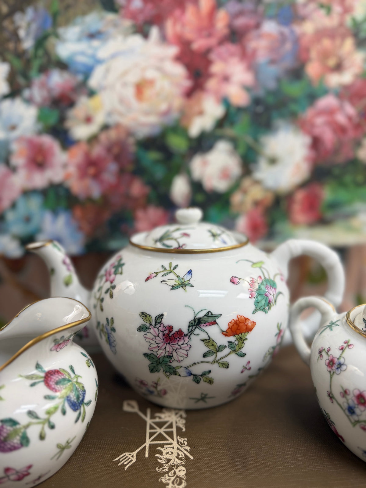 White Floral and Butterfly Teapot, Creamer and Sugar Set