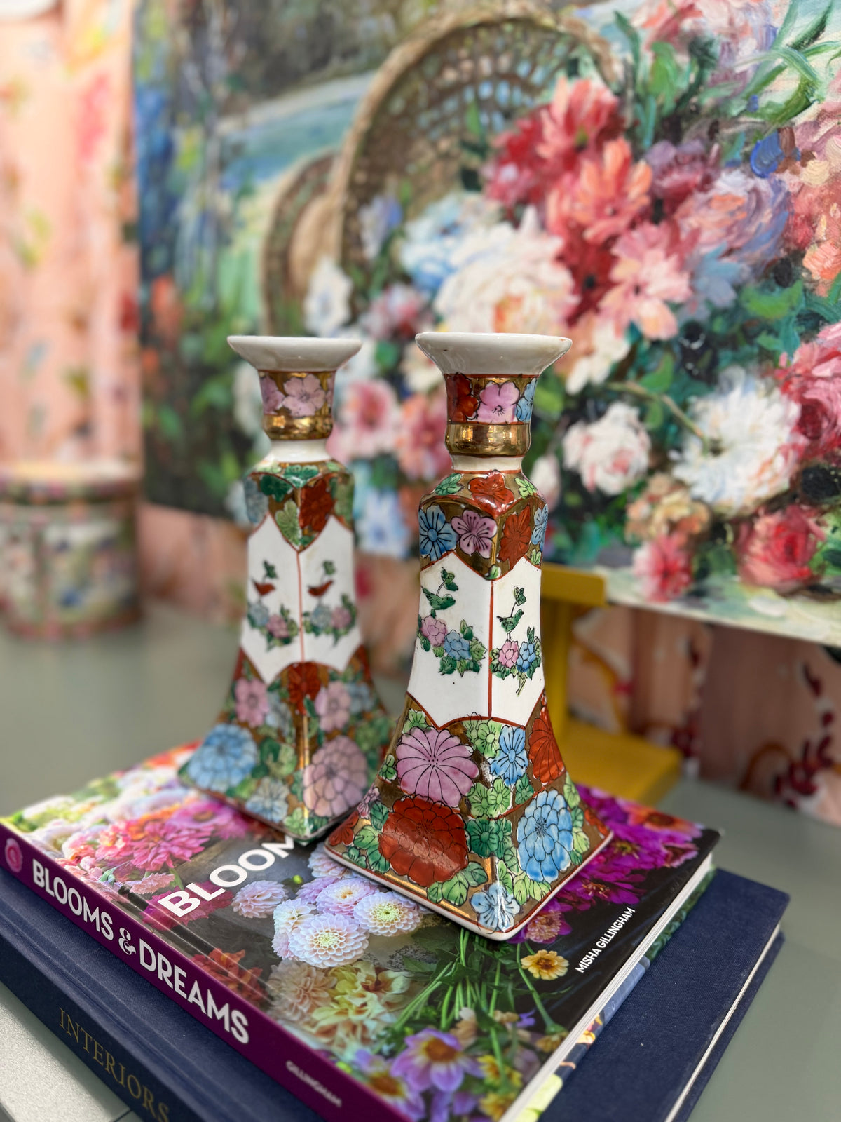 Vintage Pair of Square Rose Famille Candlesticks