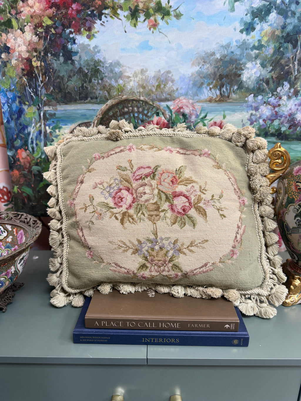 Pink Floral Needlepoint Pillow