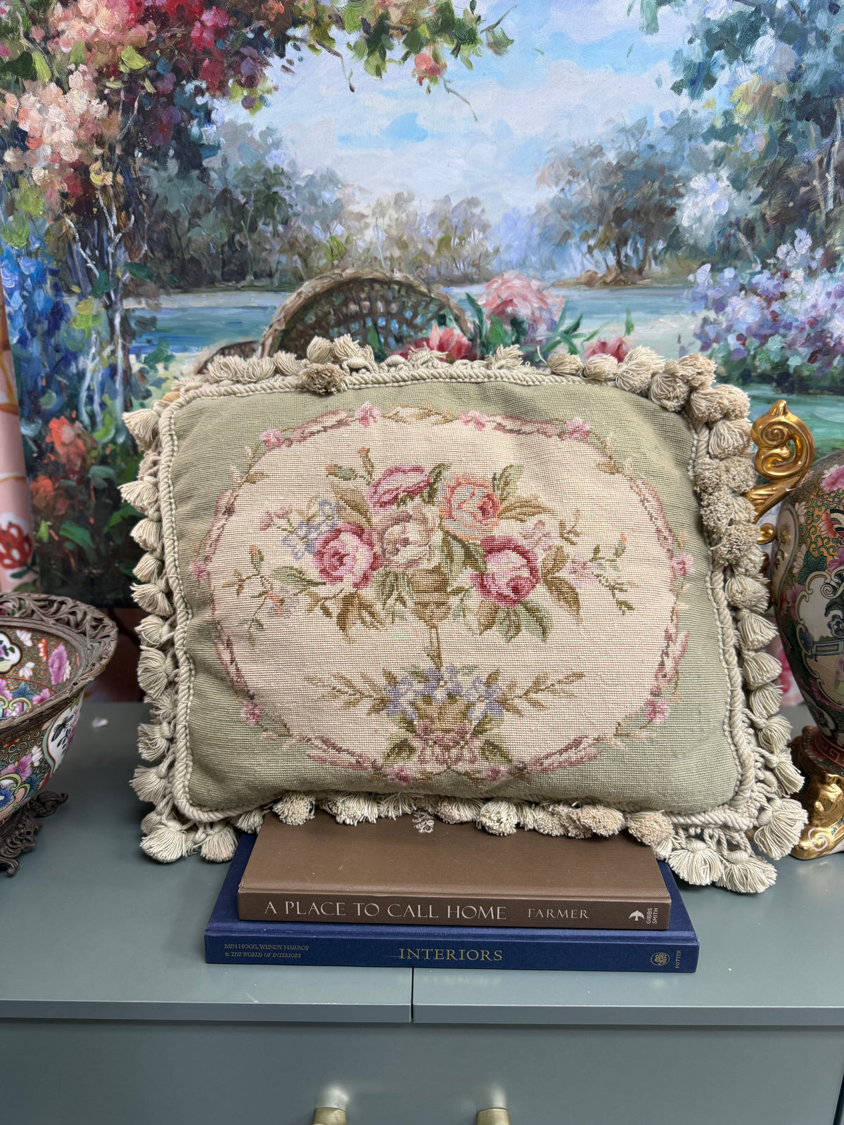 Pink Floral Needlepoint Pillow