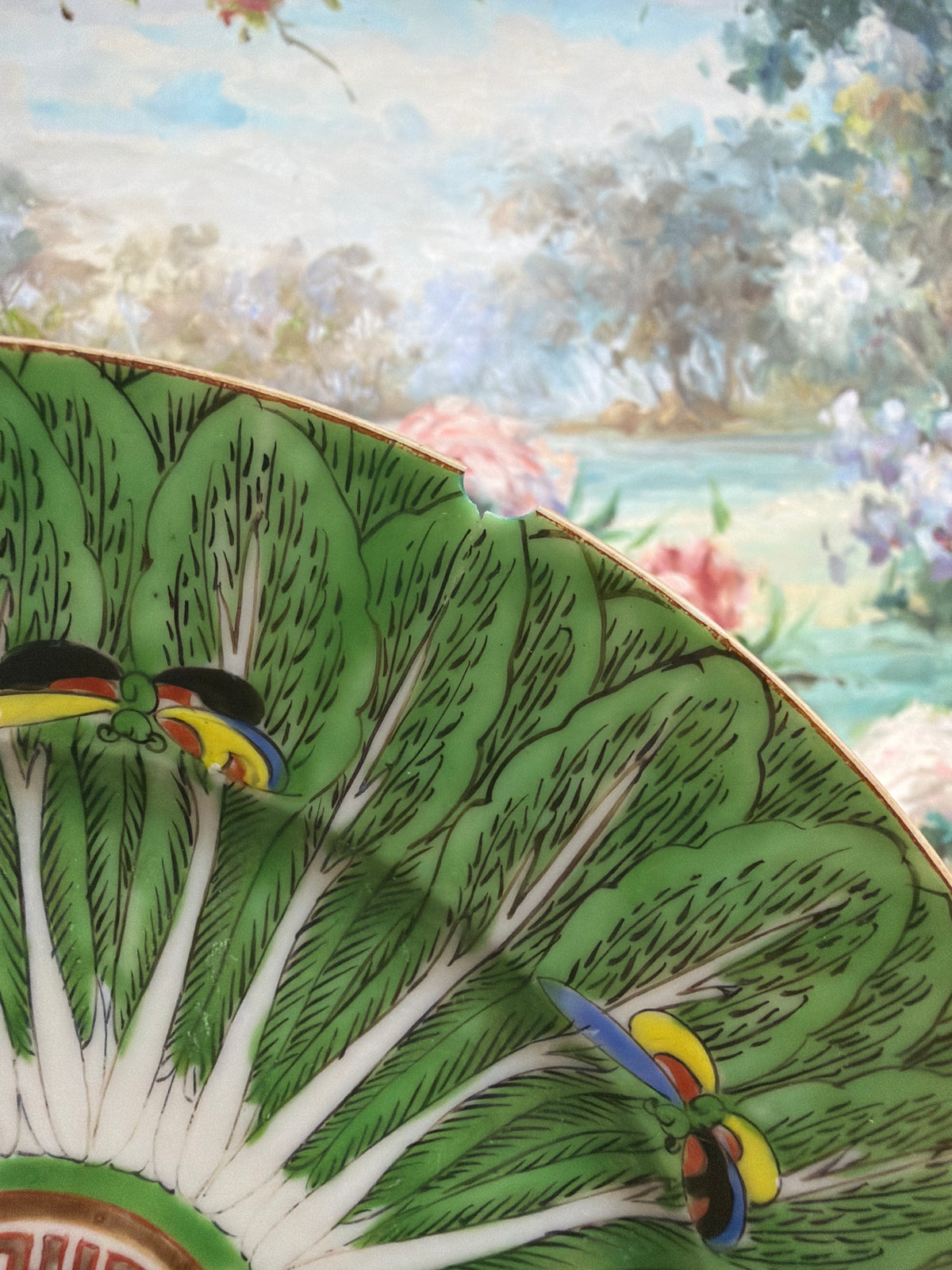 8.5” Bok Choy Dinner Plate w/ Blue Yellow and Black Butterflies *CHIP*