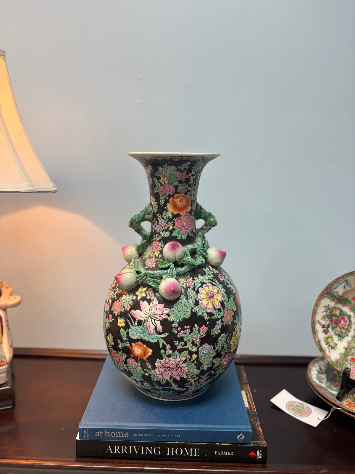 Large Black Floral Pomegranate Vase