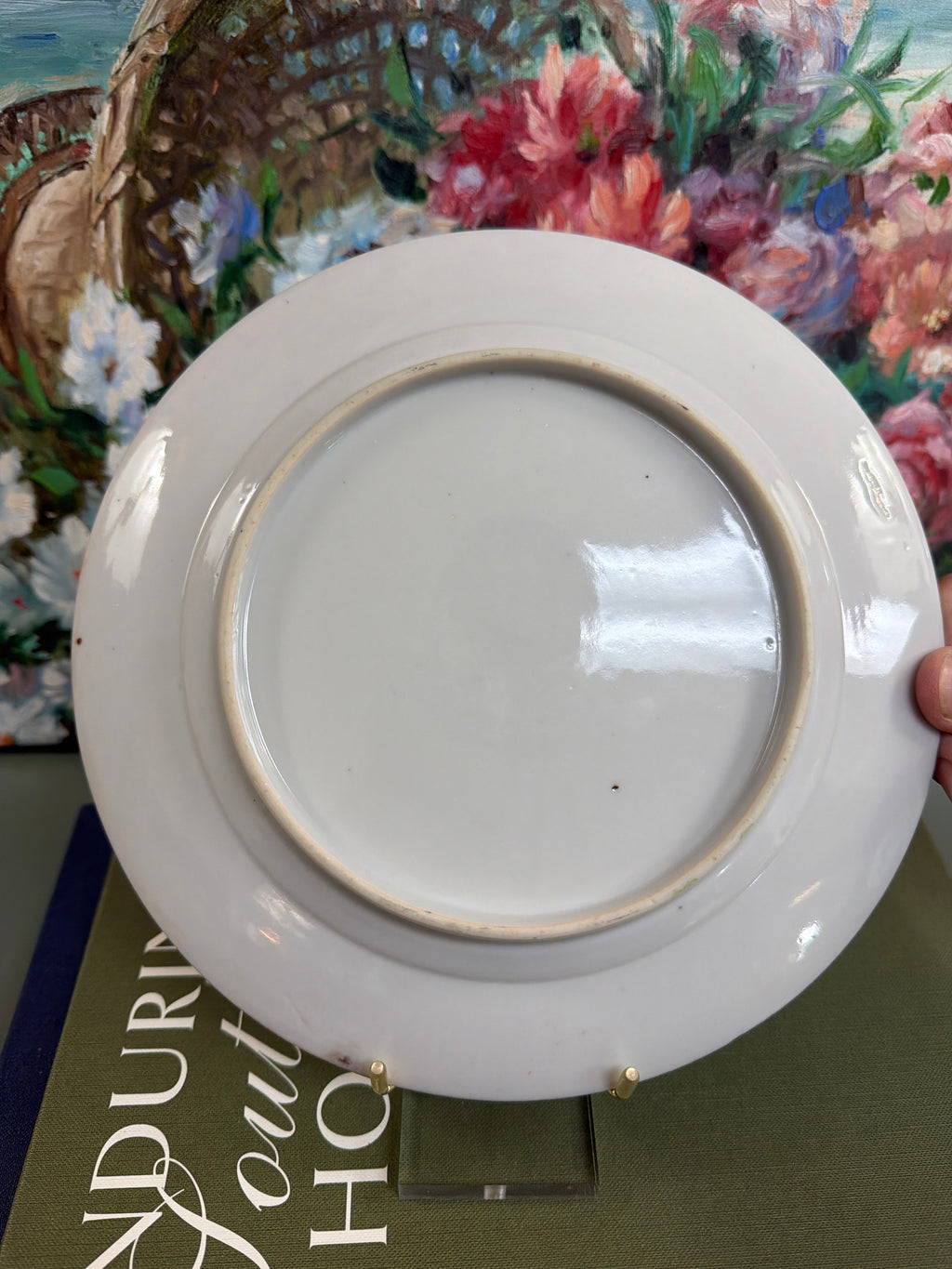 8.5” Bok Choy Dinner Plate w/ Blue Yellow and Black Butterflies *PAINT LOSS*