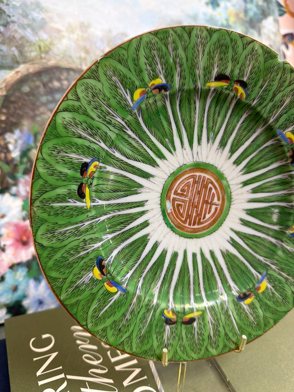 8.5” Bok Choy Dinner Plate w/ Blue Yellow and Black Butterflies *CHIP*