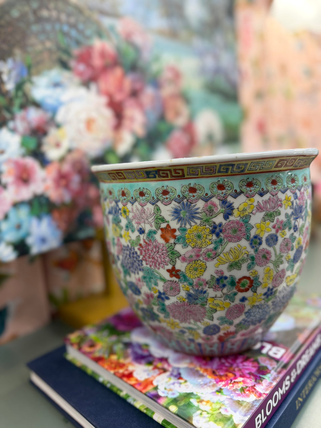 Vintage Medium White Floral Planter