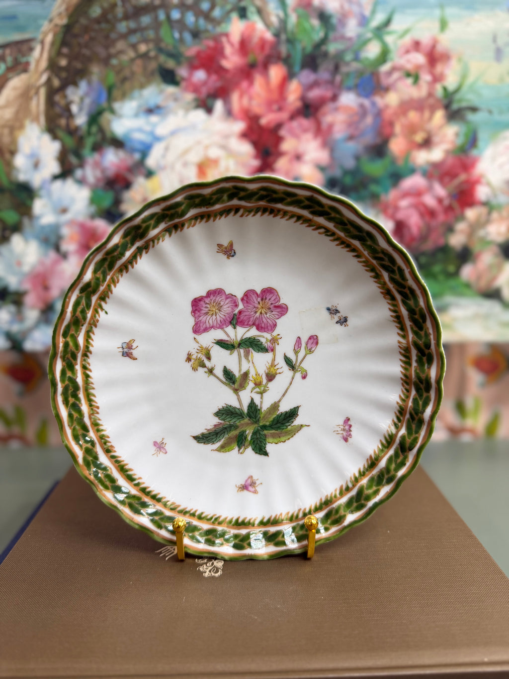 Vintage Ruffled Hand Painted Pink Botanical Plate