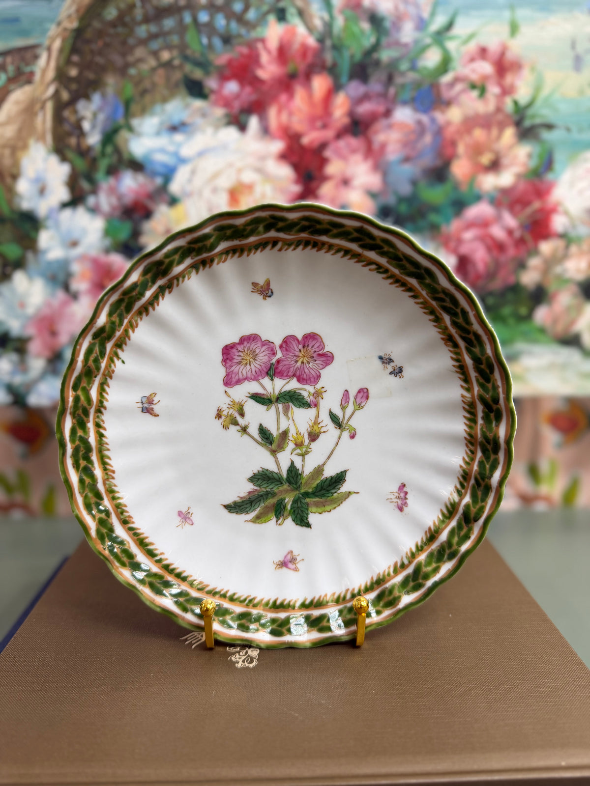 Vintage Ruffled Hand Painted Pink Botanical Plate