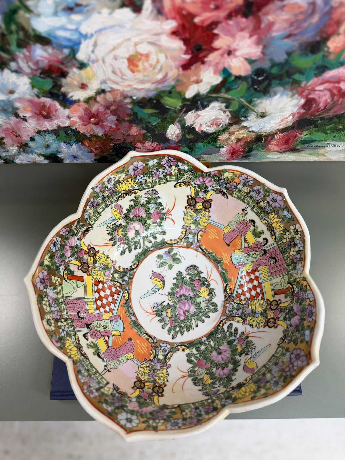 Vintage 12” Rose Medallion Lotus Bowl