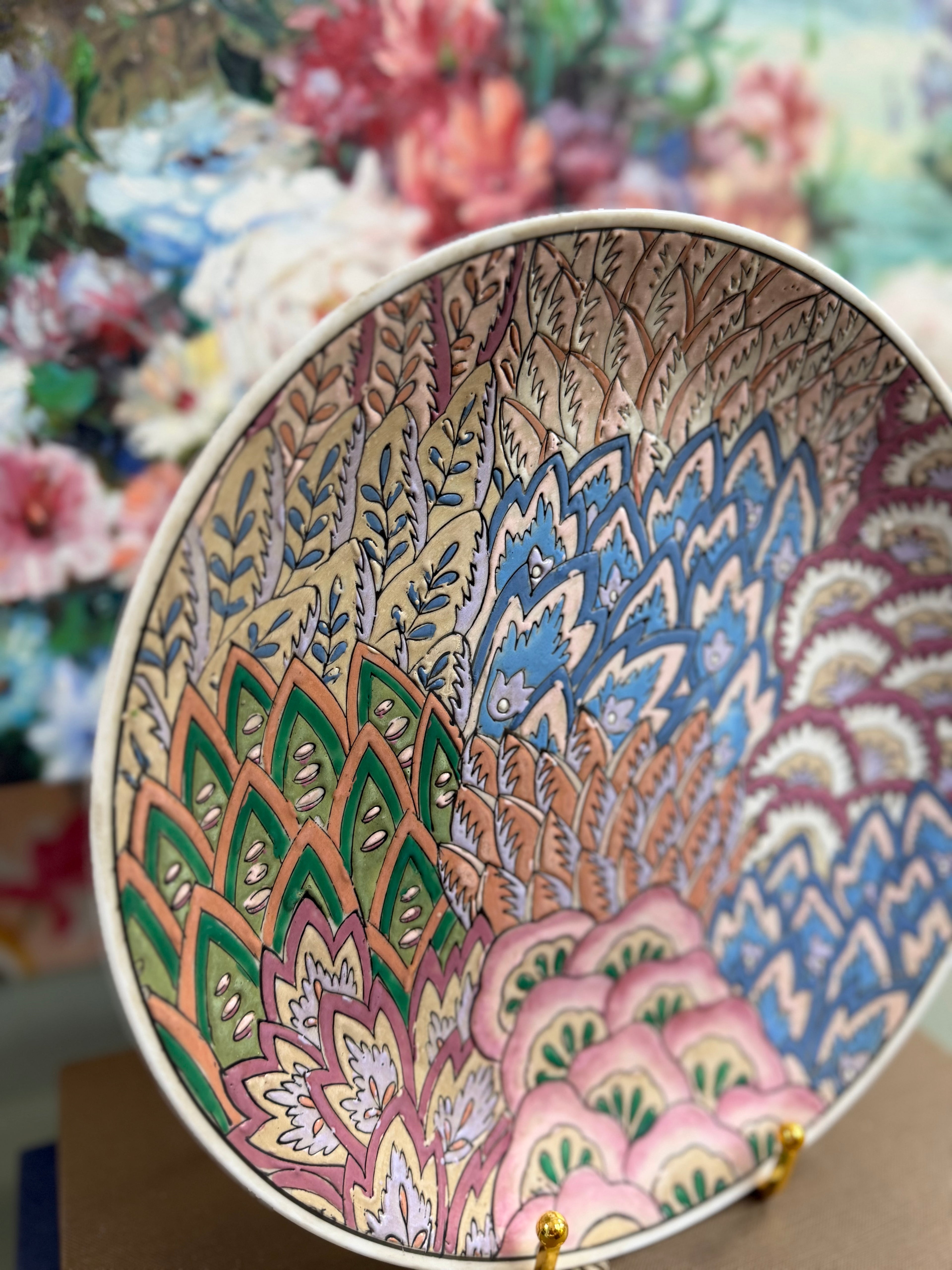 Multicolored Peacock Feathered Plate