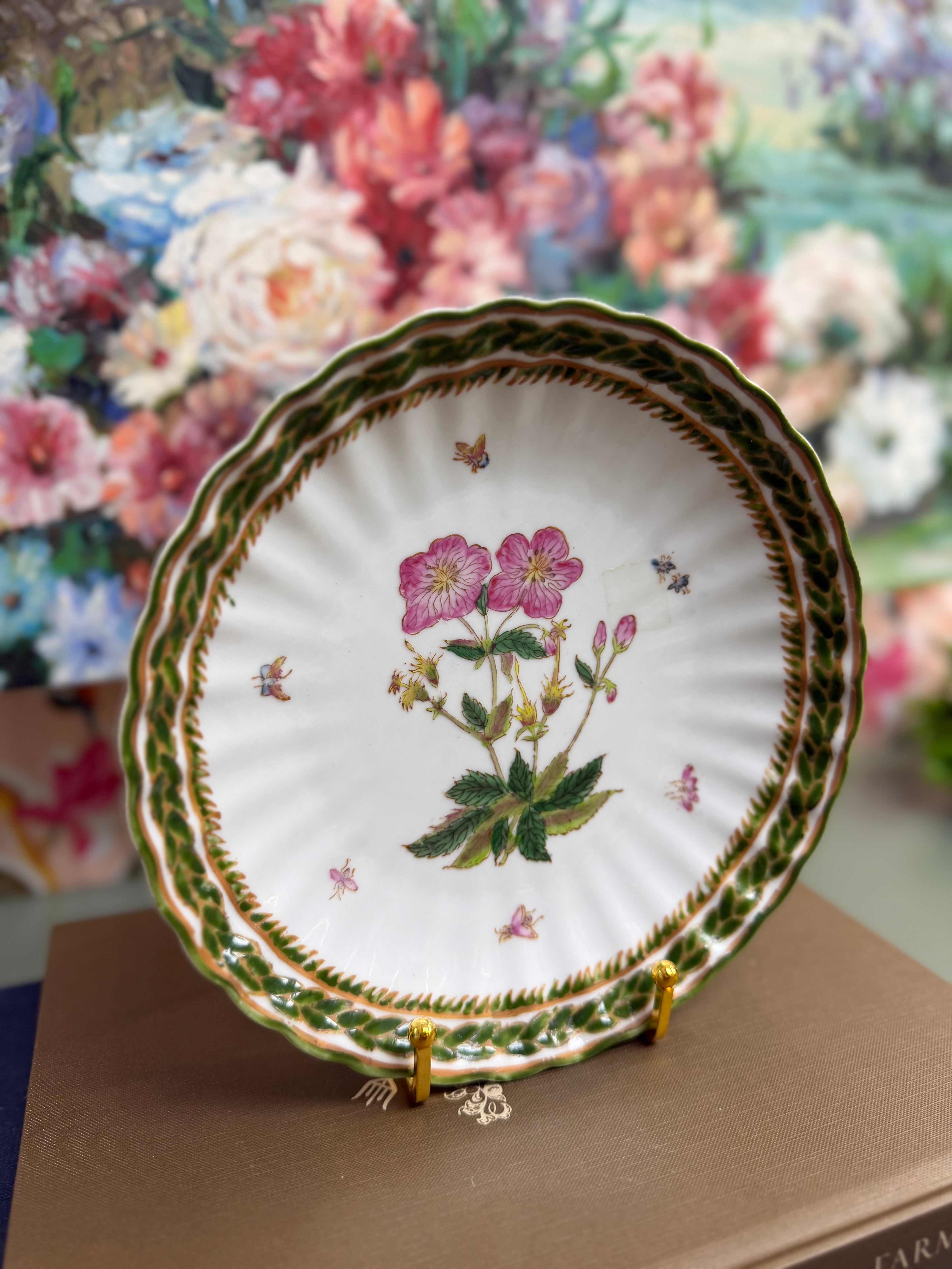 Vintage Ruffled Hand Painted Pink Botanical Plate