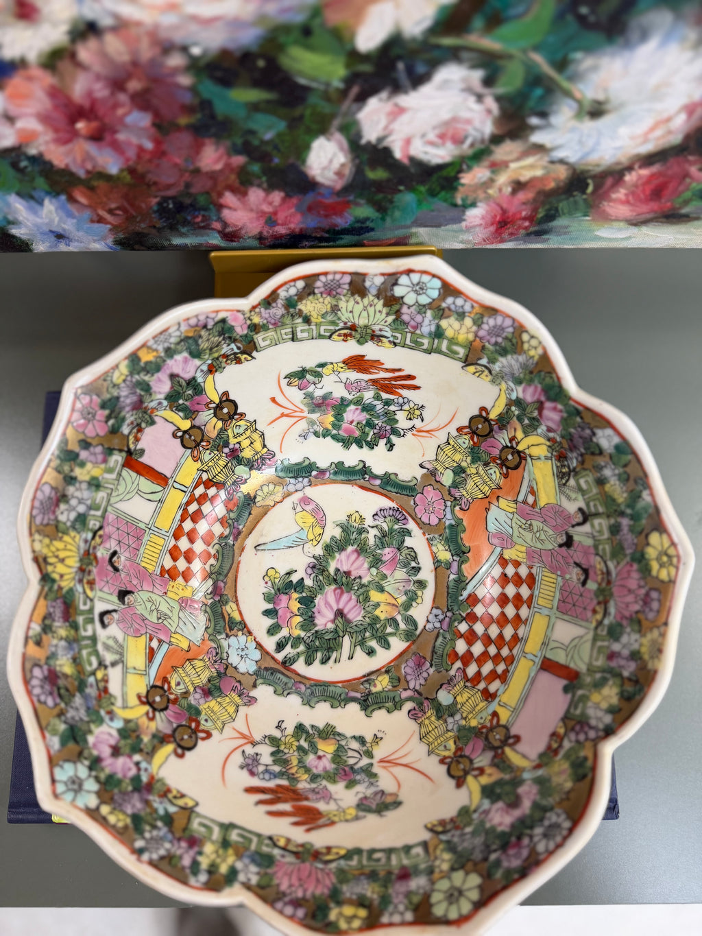 Vintage 10” Lotus Rose Medallion Bowl