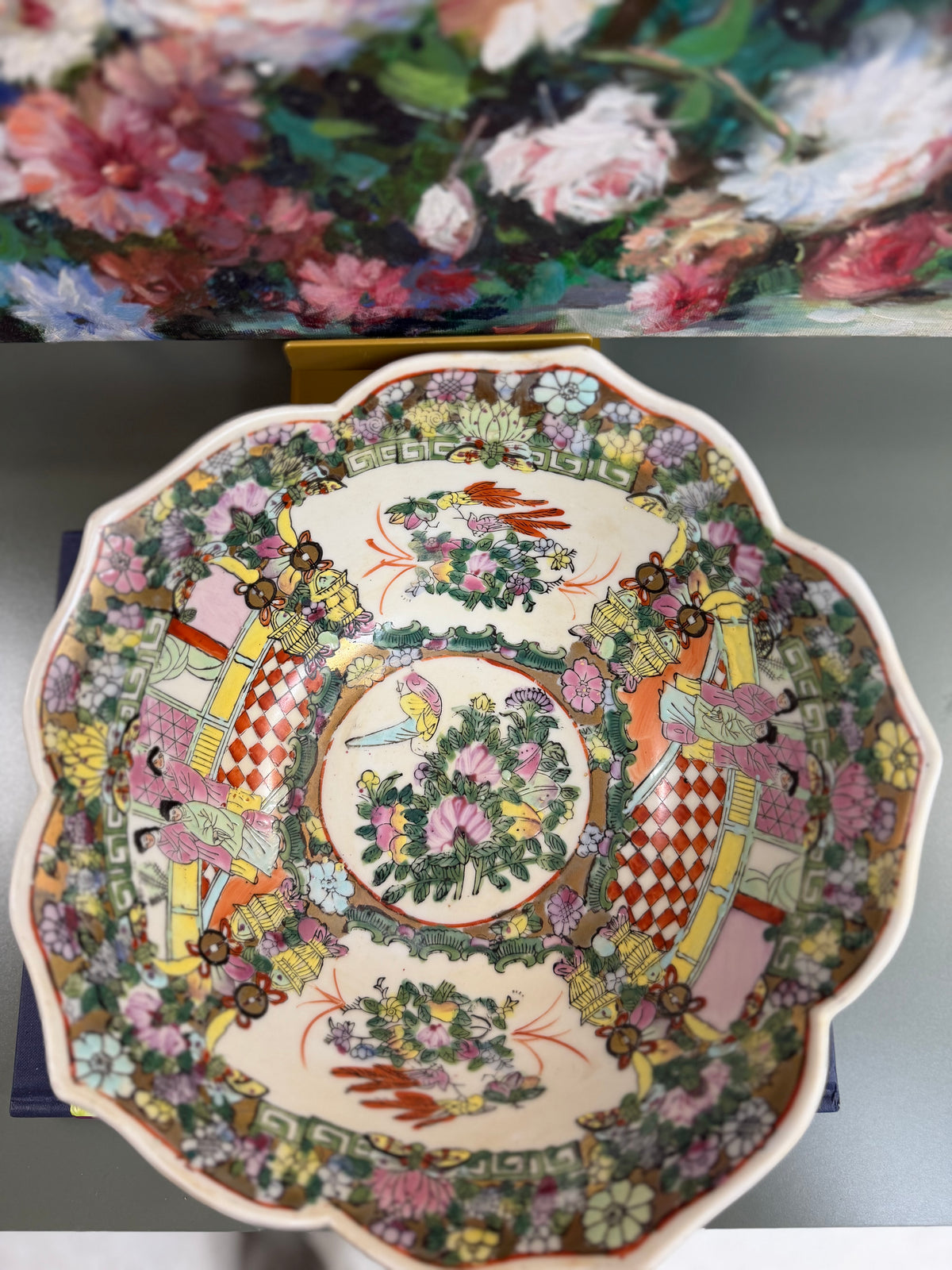 Vintage 10” Lotus Rose Medallion Bowl