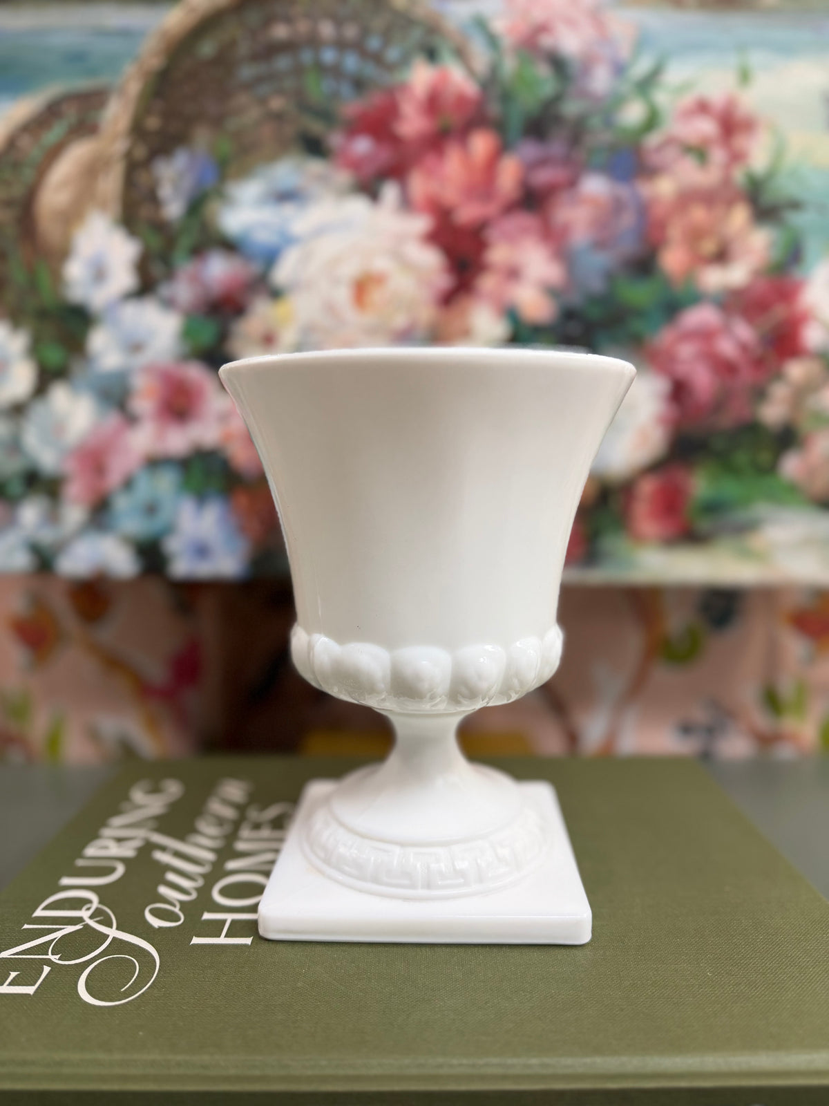 White Milk Glass Pedestal Urn Vase