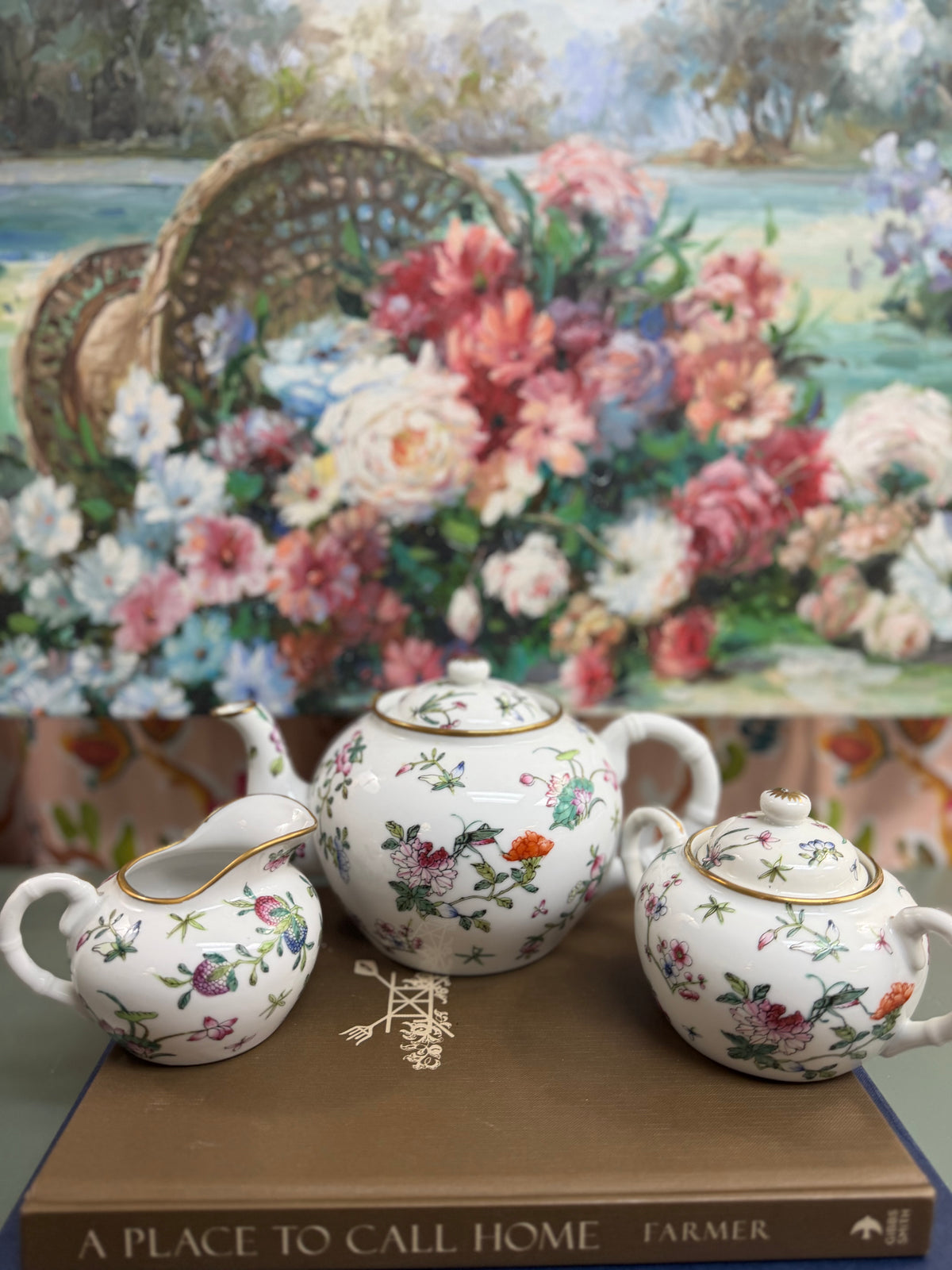 White Floral and Butterfly Teapot, Creamer and Sugar Set