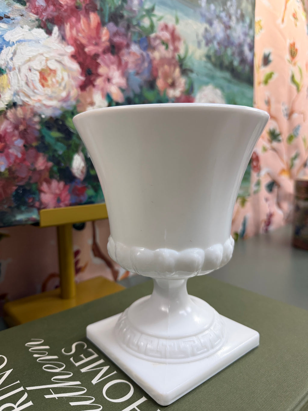 White Milk Glass Pedestal Urn Vase