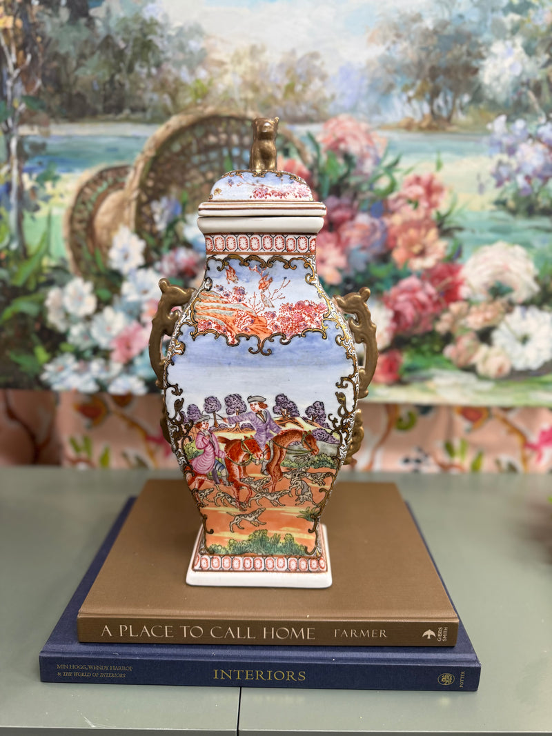 Pink Hunt Scene Lidded Dog Jar