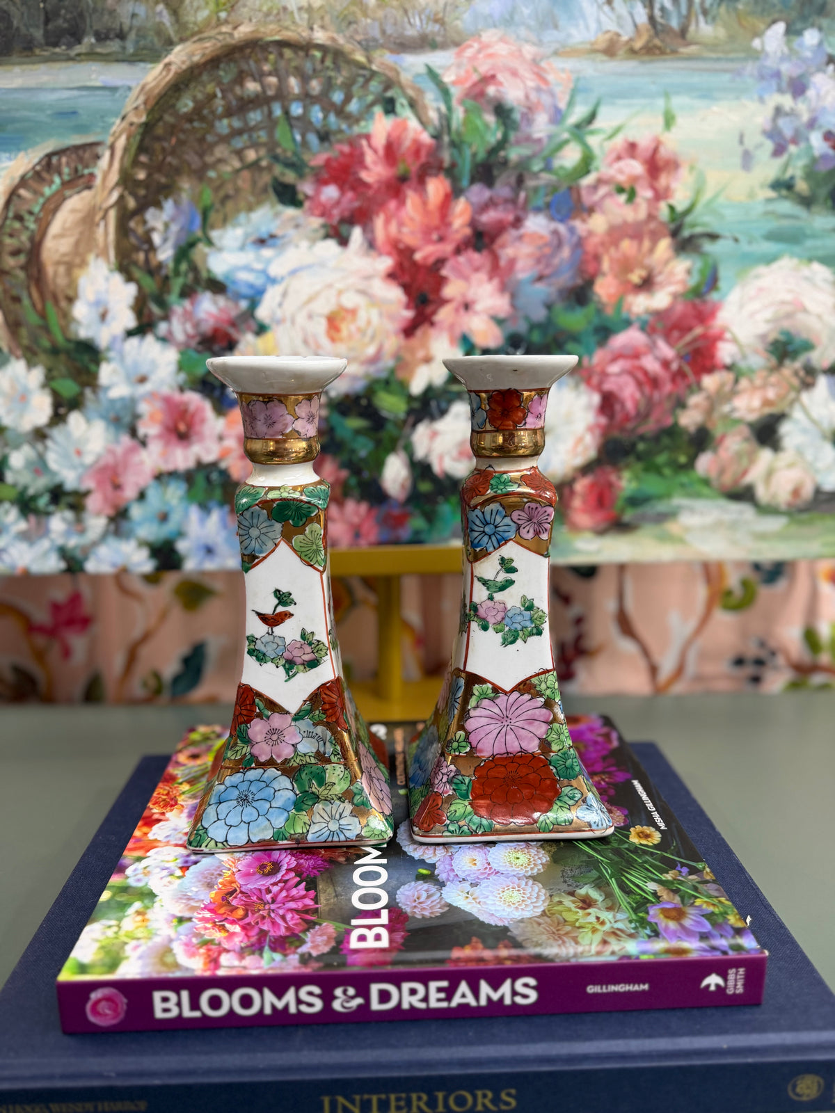 Vintage Pair of Square Rose Famille Candlesticks