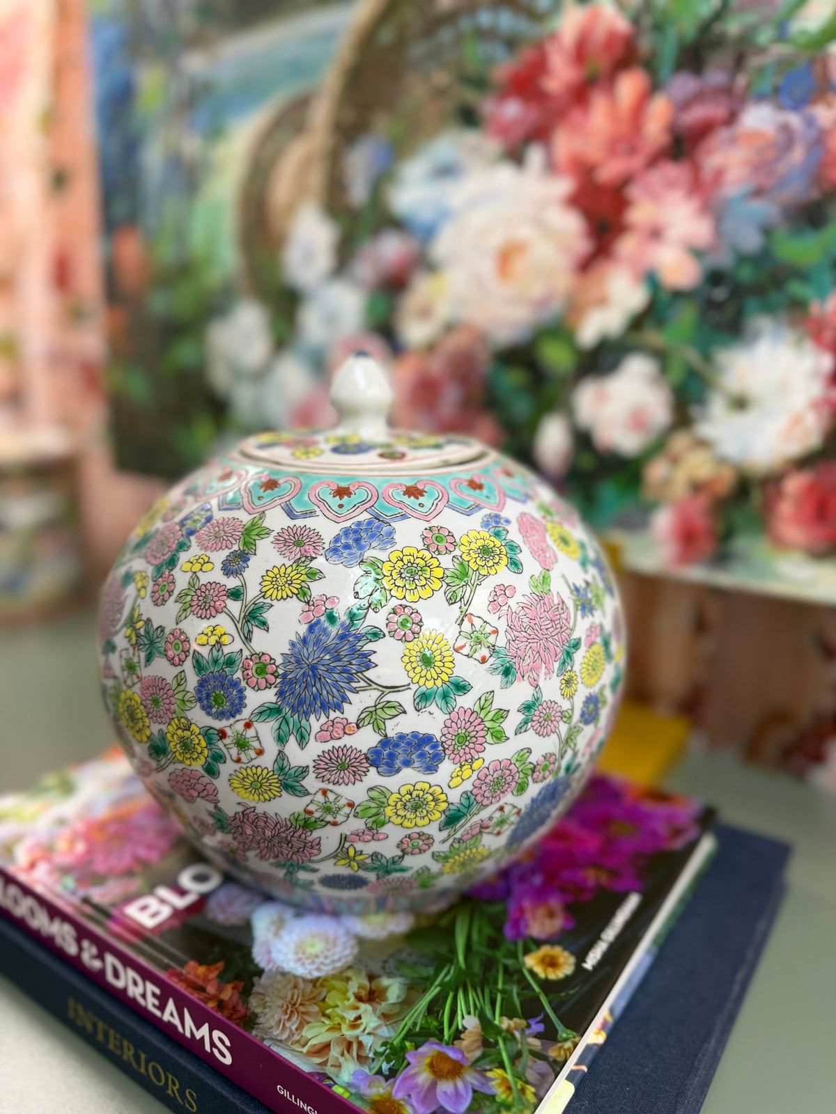 Vintage White Floral Temple Jar