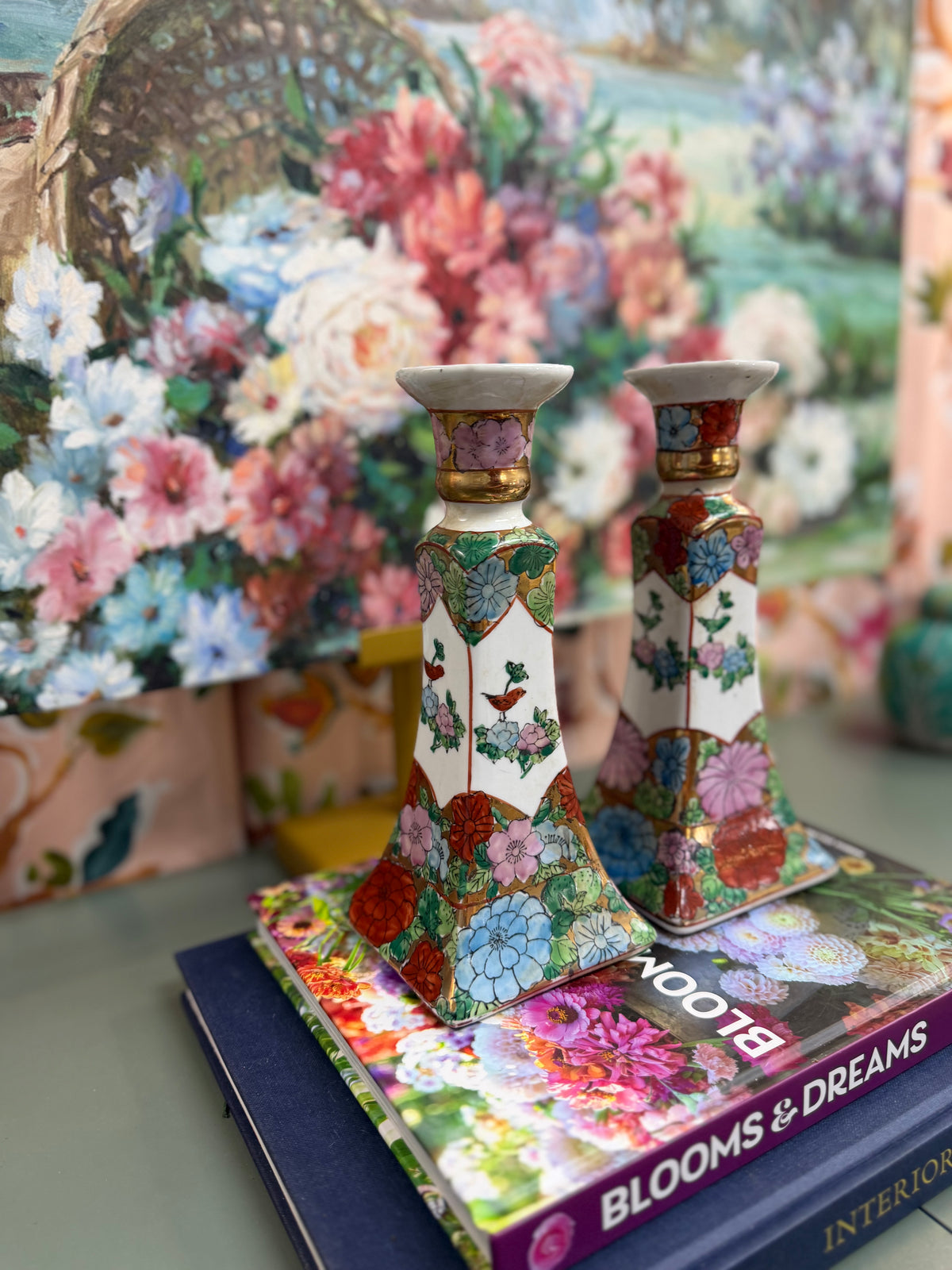 Vintage Pair of Square Rose Famille Candlesticks
