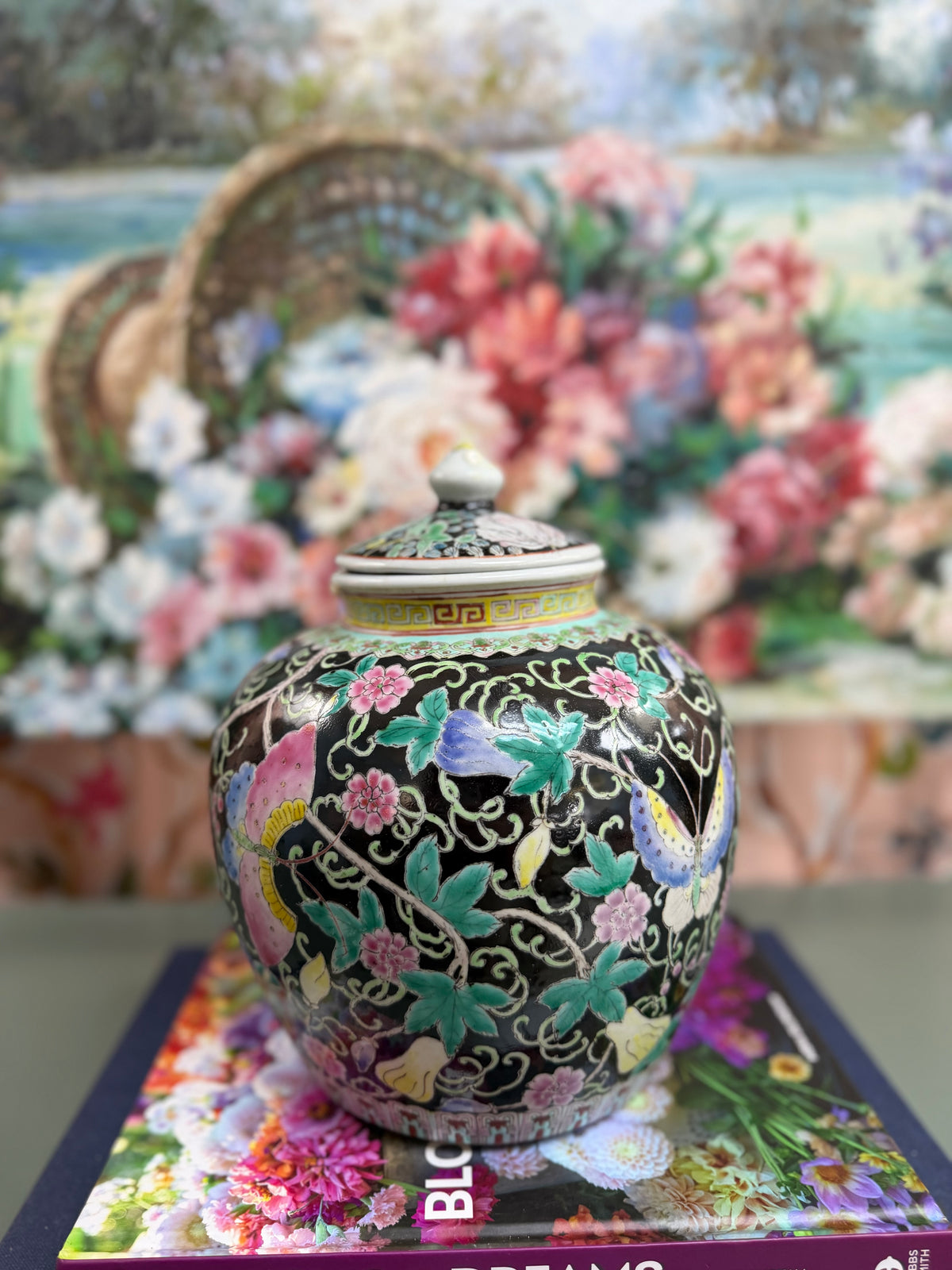 Vintage Black Butterfly Floral Temple Jar