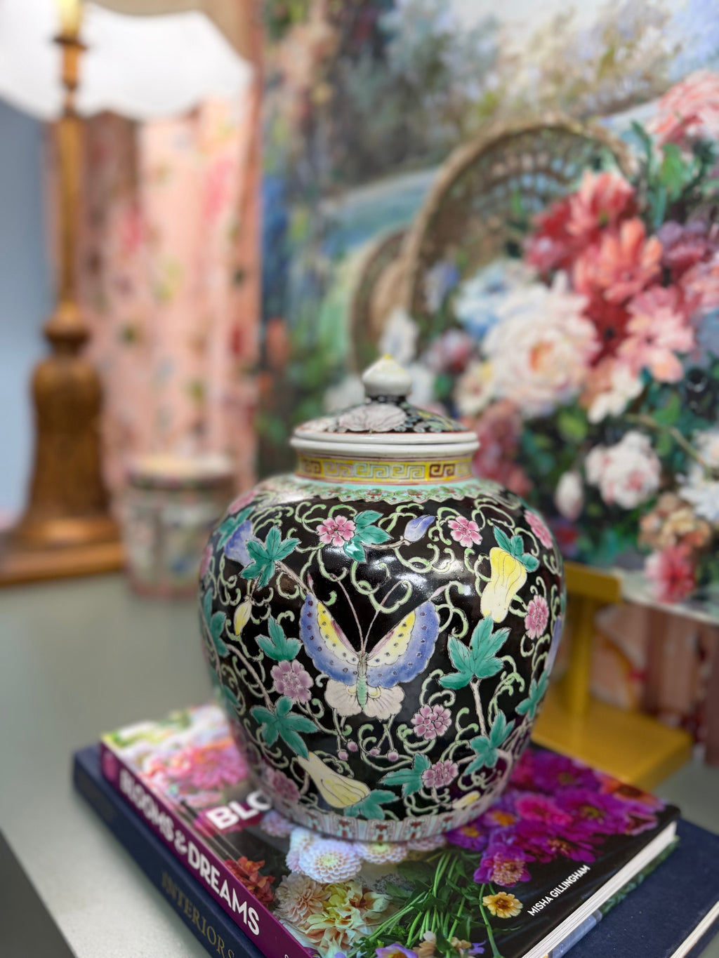 Vintage Black Butterfly Floral Temple Jar