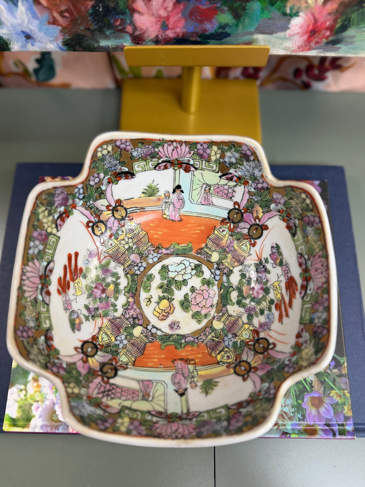 Vintage 8” Rose Medallion Squared Off Bowl