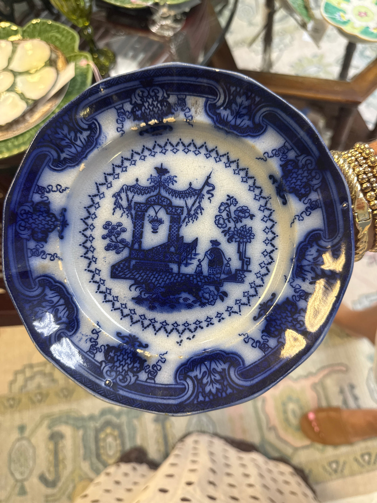 Flow Blue Plate, Chinese Octagon Pattern