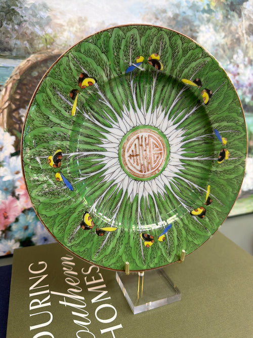 8.5” Bok Choy Dinner Plate w/ Blue Yellow and Black Butterflies *PAINT LOSS*