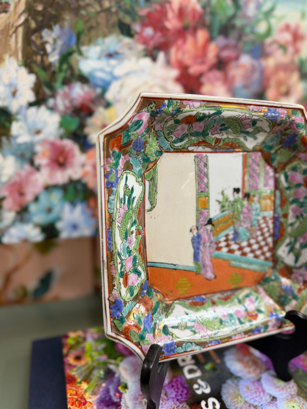 Vintage Squared Off Rose Medallion Trinket Dish