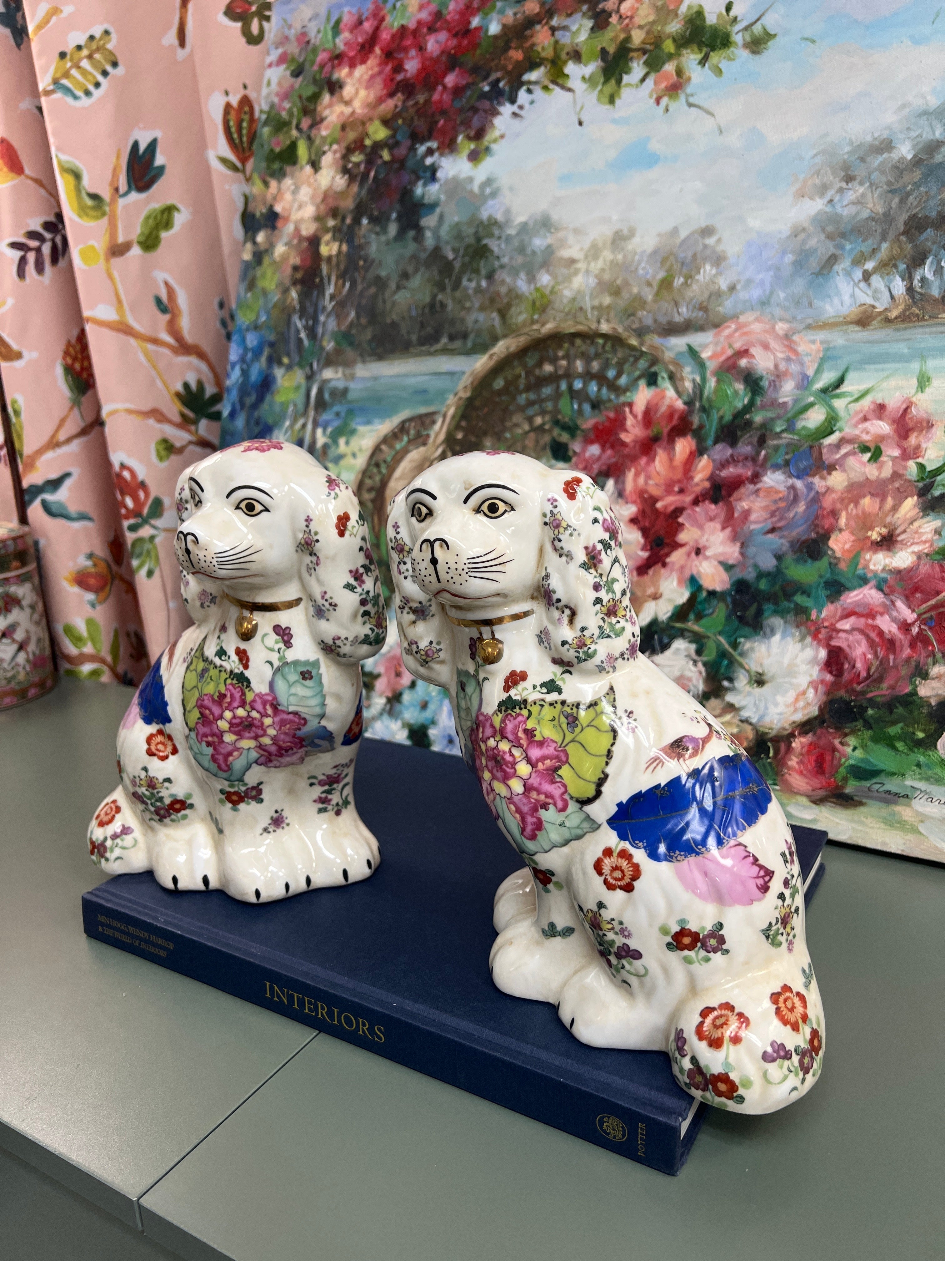 Large pair of tobacco leaf staffy dogs