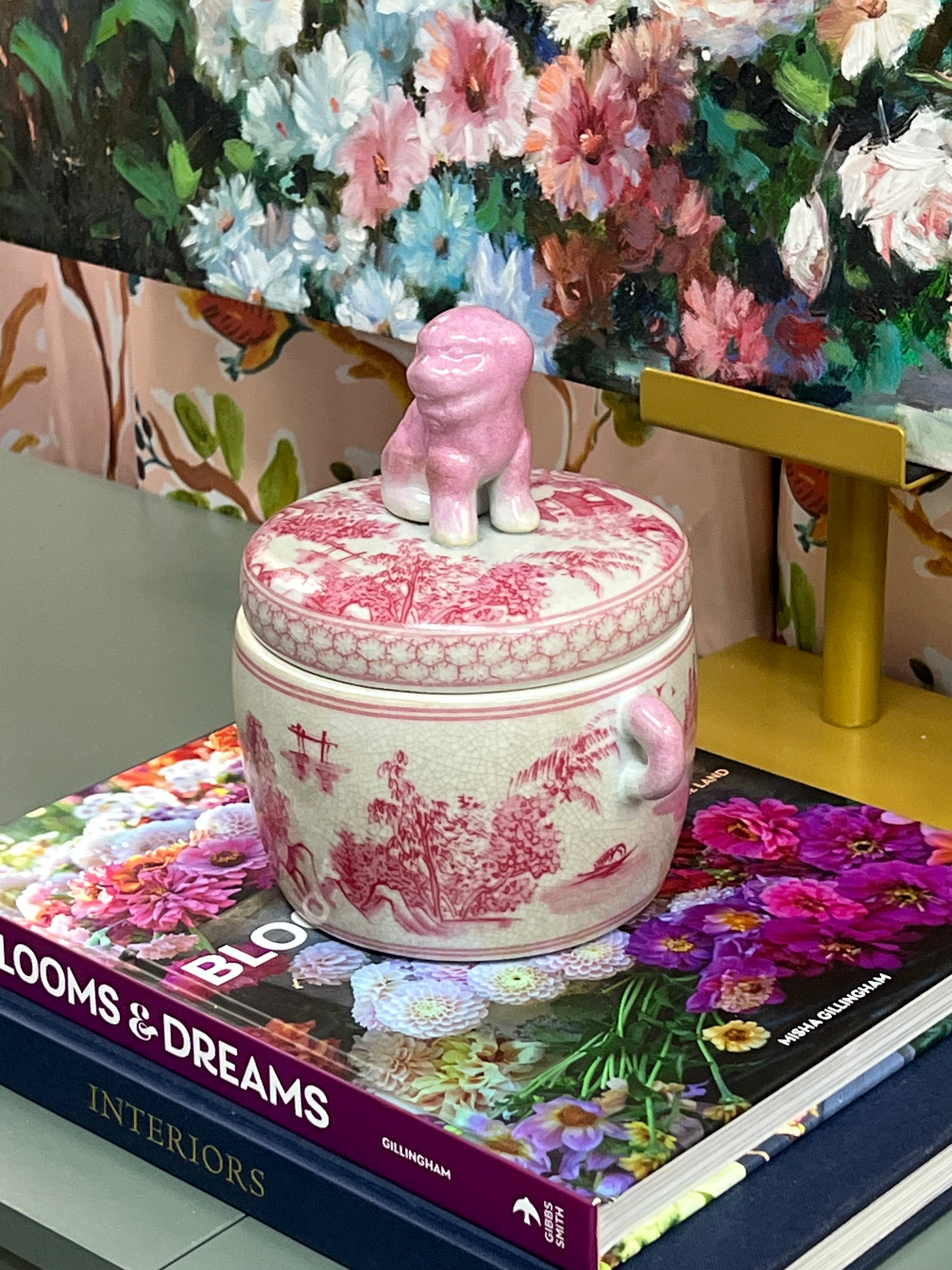 New Pink Pagoda Lions Head Lidded Box